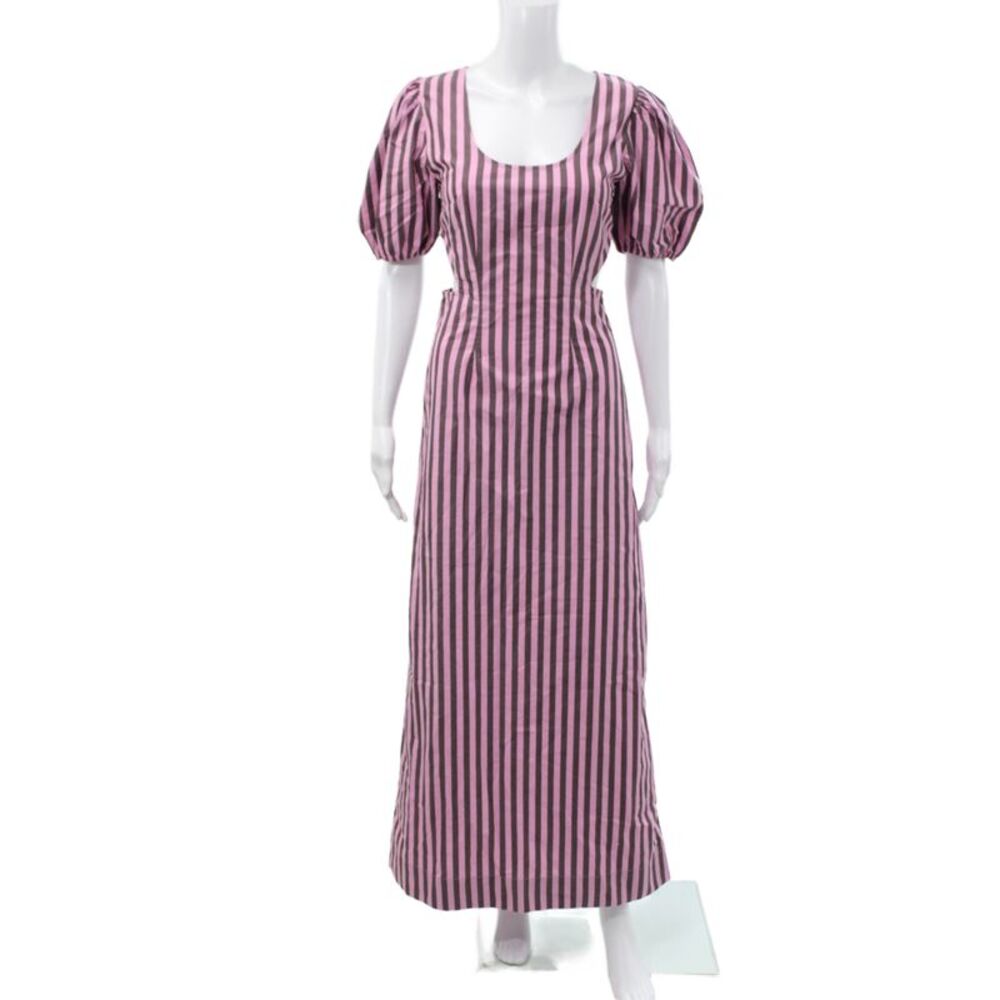 Ganni Women Maxi Shirt Dress Pink Square Neck Short Sleeve Zip Size 34